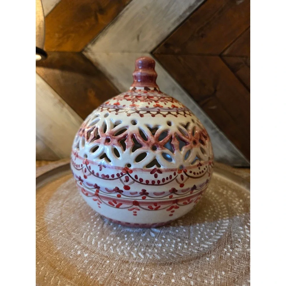 Hand Painted Ceramic Tea Light Candle Holder Pierced Lattice Globe Luminary